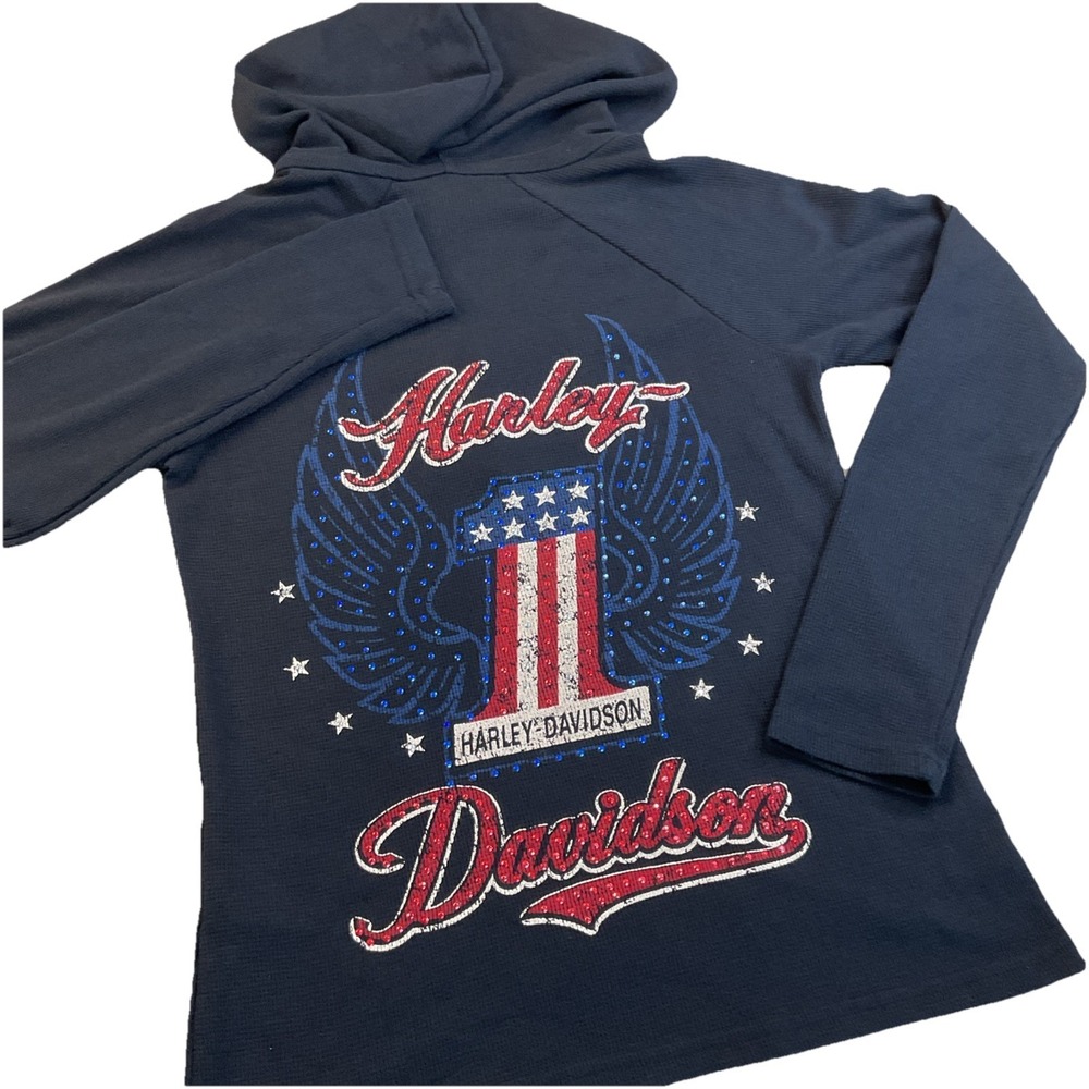 Harley Davidson‎ Waffle Thermal Hooded Henley Shirt Womens Medium Angel Wings #1